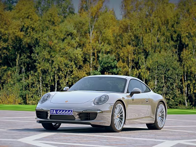 Silver Sports Car Parked in Open Area With Paved Ground and Green Trees 3d model