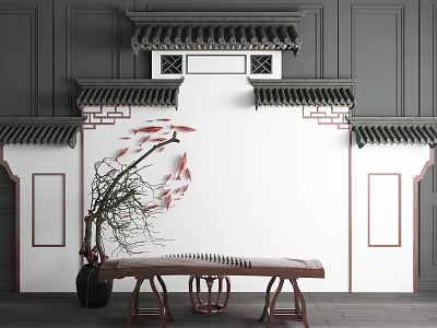 Traditional Chinese Guqin Instrument And Red Fish Art Decorations On White Wall With Eave Ornaments 3d model
