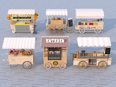 Mobile Food Carts Featuring Striped Awnings Wooden Structures And Display Windows For Street Vending 3d model