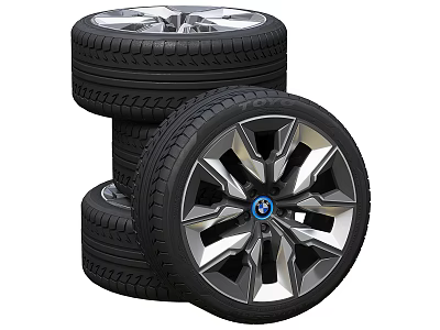 Car Tires Stacked With Silver Multi Spoke Alloy Wheel Rims And Modern Design 3d model