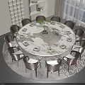 Round Dining Table Set with Marble Top Chairs Tableware and Green Plant 3d model