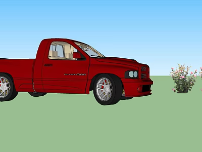 Red Pickup Truck Parked With Flowers Nearby Under Blue Sky And Green Grass 3d model