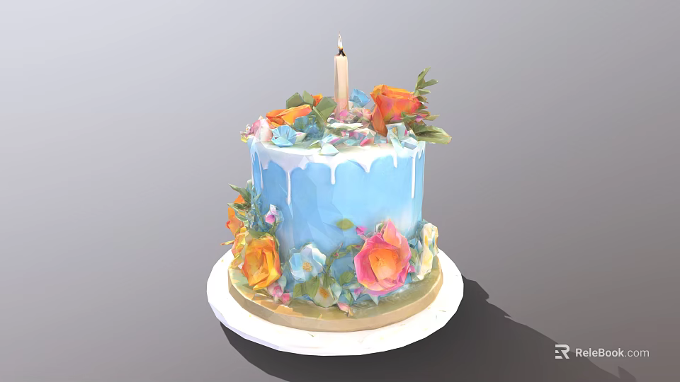 Decorated Birthday Cake With Blue Dripping Frosting Colorful Roses And Single Candle 3d model 