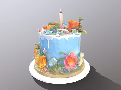 Decorated Birthday Cake With Blue Dripping Frosting Colorful Roses And Single Candle 3d model