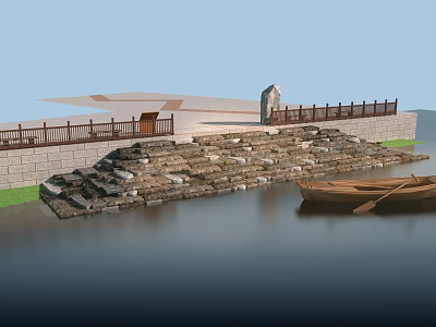 Stone And Wood Waterfront Structure With Slope Railing And Wooden Boat 3d model