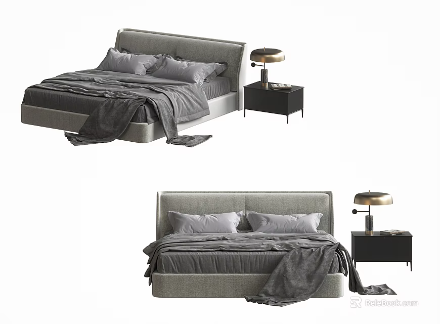 Modern Double Bed With Grey Headboard Bedding And Nightstand Table Lamp 3d model