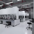 Modern Laboratory Interior with White Fume Hoods Yellow Storage Cabinets Lab Benches And Black Stools
