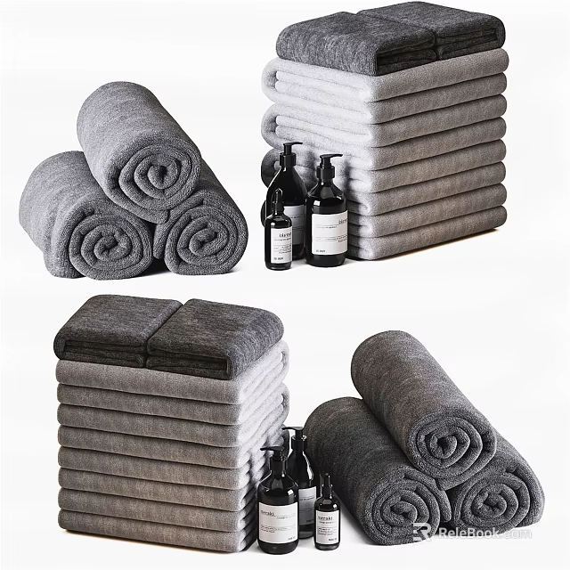 Bathroom Accessories Including Soft Gray Rolled Stacked Towels And Liquid Soap Bottles 3d model 