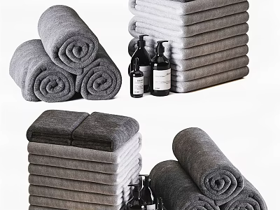 Bathroom Accessories Including Soft Gray Rolled Stacked Towels And Liquid Soap Bottles 3d model