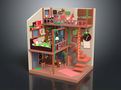 Colorful Cartoon Loft Room Scene With Two Tiered Bed Staircase Plants And Wall Clock 3d model