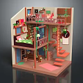 Colorful Cartoon Loft Room Scene With Two Tiered Bed Staircase Plants And Wall Clock