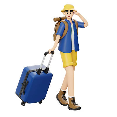 Man With Backpack Carrying Blue Suitcase In Blue Shirt And Yellow Shorts 3d model