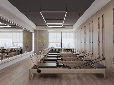 Modern Pilates Studio With Reformer Machines And Large Windows 3d model