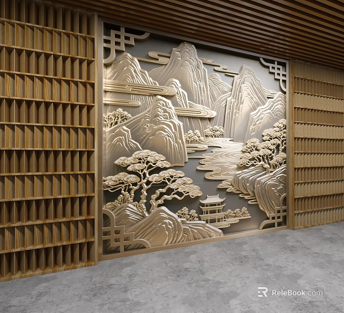 Chinese Style Background Wall With Landscape Relief And Wooden Lattice Decor 3d model 