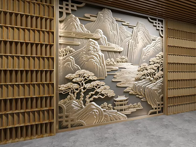 Chinese Style Background Wall With Landscape Relief And Wooden Lattice Decor 3d model