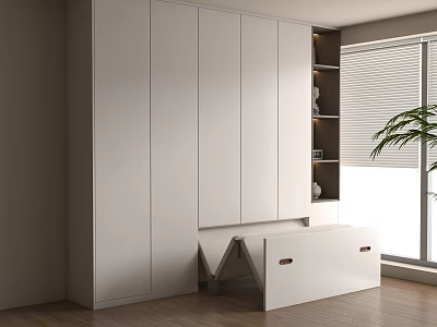 Modern White Wardrobe Interior Design With Open Shelves Window And Potted Plant 3d model