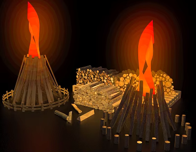 Rustic Garden Ornament Features Bonfire Pits Stacked Firewood And Wooden Fences 3d model