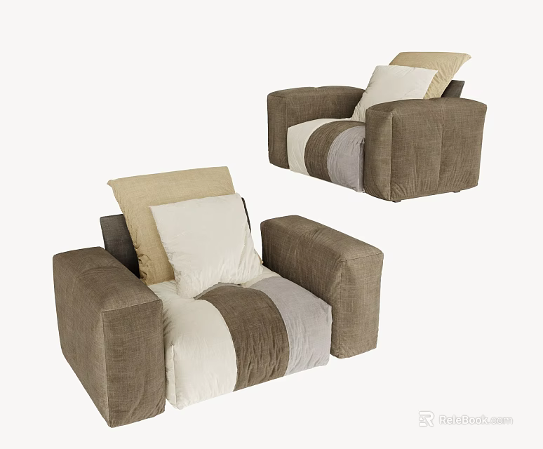 Modern Single Sofa With Brown Beige Gray Patchwork Design And Comfortable Cushions 3d model