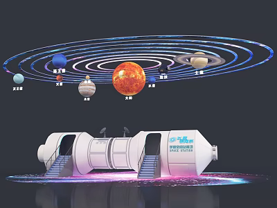 Solar System Planets With Sun And Orbits Around Space Station Structure 3d model