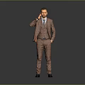 Stylish Man In Checkered Suit Talking On Phone With Hand In Pocket And Gray Background