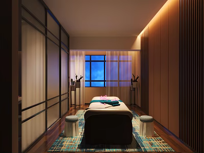 Luxury SPA Sauna Room Interior With Massage Bed Wooden Panels And Soft Lighting 3d model