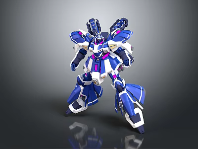 Blue White and Purple Mech Robot Character with Detailed Armor Standing Pose 3d model