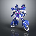 Blue White and Purple Mech Robot Character with Detailed Armor Standing Pose