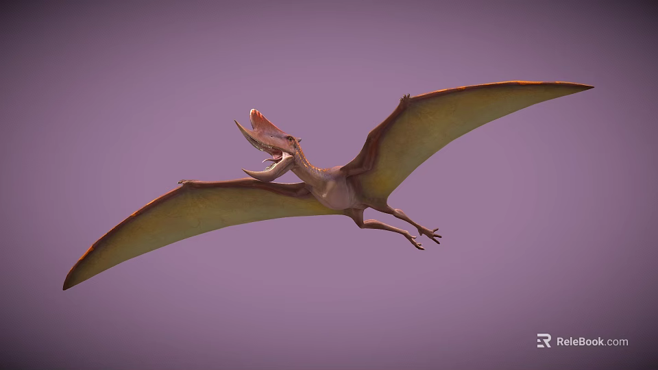 Pterosaur Flying With Open Mouth And Large Wings In Purple Sky 3d model 
