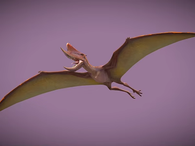 Pterosaur Flying With Open Mouth And Large Wings In Purple Sky 3d model