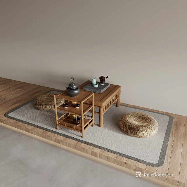 Natural Wooden Tea Table and Chairs with Wicker Cushions and Tea Set on Mat 3d model 