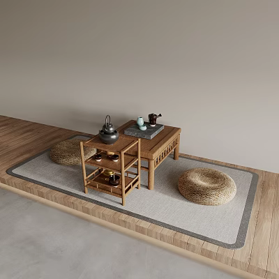 Natural Wooden Tea Table and Chairs with Wicker Cushions and Tea Set on Mat 3d model