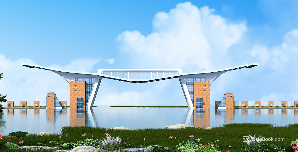 Modern Architectural Entrance Gate Featuring Glass Panels Water Reflection Surrounding Greenery And Blue Sky 3d model 