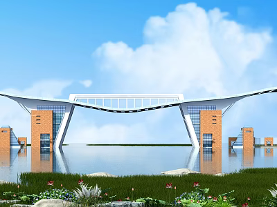 Modern Architectural Entrance Gate Featuring Glass Panels Water Reflection Surrounding Greenery And Blue Sky 3d model