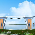 Modern Architectural Entrance Gate Featuring Glass Panels Water Reflection Surrounding Greenery And Blue Sky