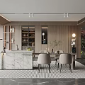 Elegant Modern Restaurant Interior With Marble Counter Wooden Walls And Dining Chairs
