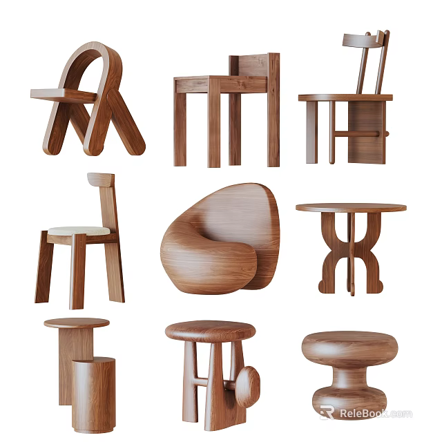 Wooden Dining Table Set Featuring Modern Design Chairs Stools And Unique Shapes 3d model