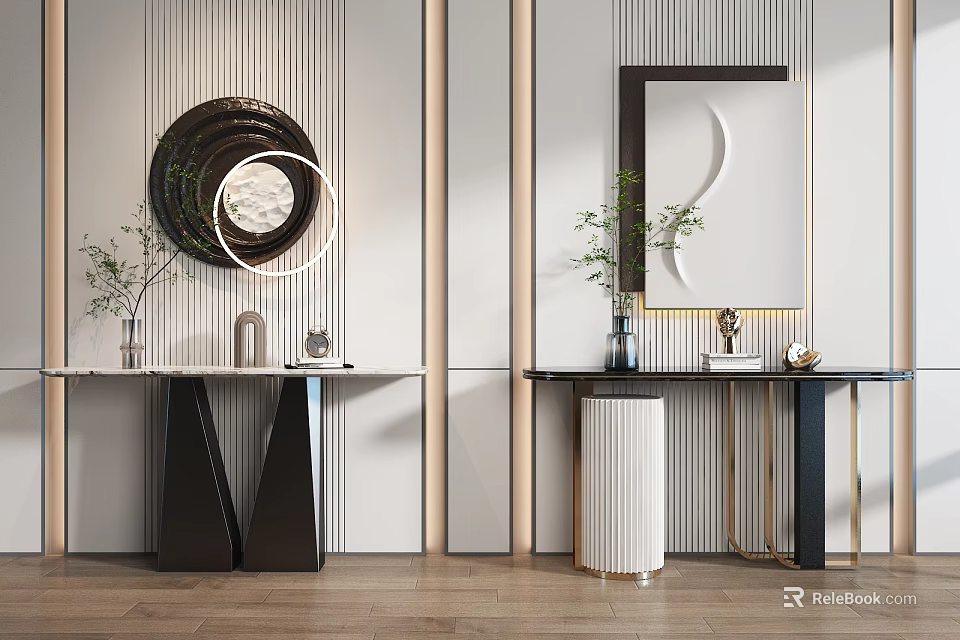 Modern Console Table Design With Round Mirror Potted Plants And Decorative Items 3d model 