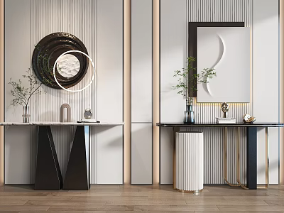 Modern Console Table Design With Round Mirror Potted Plants And Decorative Items 3d model