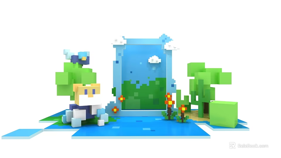 Vibrant Pixel Art Scene Featuring Character Trees Clouds Water And Flowers 3d model 