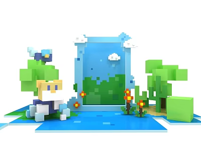 Vibrant Pixel Art Scene Featuring Character Trees Clouds Water And Flowers 3d model