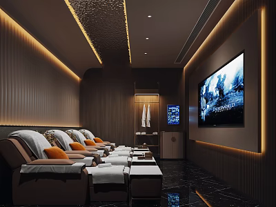 Luxury Club Interior With Comfortable Massage Chairs Large Screen TV And Warm Lighting 3d model