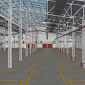Industrial Workshop With Metal Frame Structure High Ceiling Glass Roof And Red Barriers