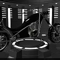 Futuristic Black Motorcycle On Illuminated Display Platform With Stylish Background Lights