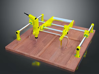 Adjustable Yellow Tool Device With Metal Brackets Connecting Rods And Handheld Tool On Wooden Platform 3d model