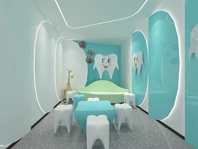 Kid Friendly Children's Dental Clinic With Tooth Decor Giraffe Toy And Green Treatment Bed 3d model