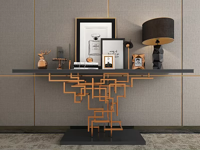 Modern Console Table With Geometric Base And Decorative Items Including Lamp And Frames 3d model