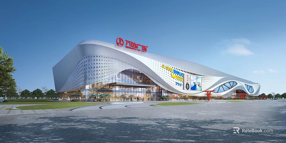 Wanda Plaza Commercial Complex With Modern Architectural Design Glass Curtain Walls And Pedestrian Plaza Area 3d model 