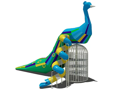 Peacock Shaped Playground Equipment With Blue Yellow Spiral Slide And Metal Cage Structure 3d model
