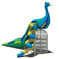 Peacock Shaped Playground Equipment With Blue Yellow Spiral Slide And Metal Cage Structure