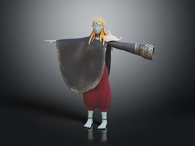 Fantasy Creature Character with Orange Hair Blue Face Dark Robe Golden Trim and Outstretched Arms 3d model